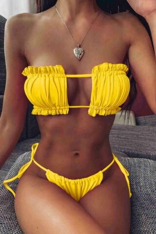 Brezilya Büzgülü Bağlamalı Bikini Takım Sarı ABM8940