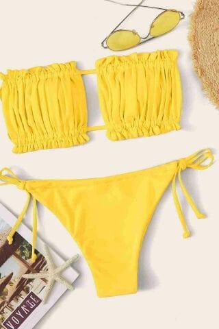 Brezilya Büzgülü Bağlamalı Bikini Takım Sarı ABM8940