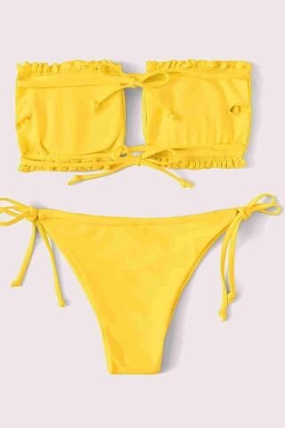 Brezilya Büzgülü Bağlamalı Bikini Takım Sarı ABM8940