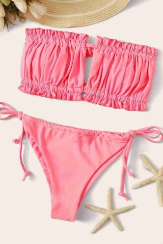 Brezilya Büzgülü Bağlamalı Bikini Takım Pembe ABM8941