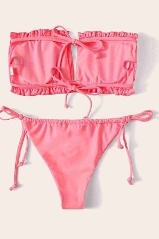 Brezilya Büzgülü Bağlamalı Bikini Takım Pembe ABM8941