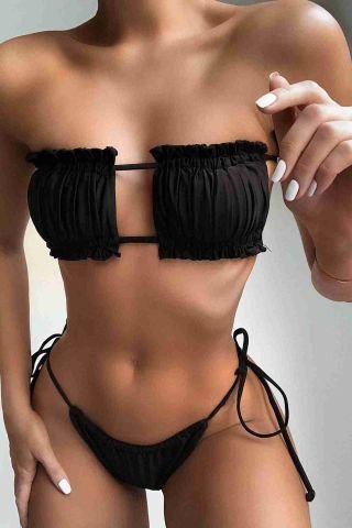 Brezilya Büzgülü Bağlamalı Bikini Takım Siyah ABM8942
