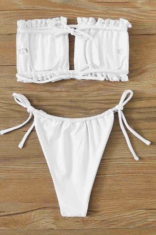 Brezilya Büzgülü Bağlamalı Bikini Takım Beyaz ABM8943