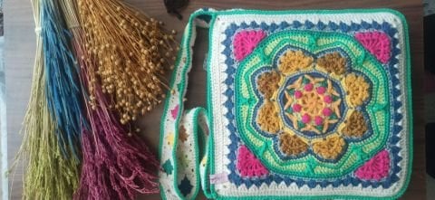 Coton İp El Örgüsü Motifli Çanta 30cm x 30cm x 5,5 cm ABM9978