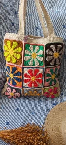 Coton İp El Örgüsü Motifli Çanta 39cm x 40cm ABM9979