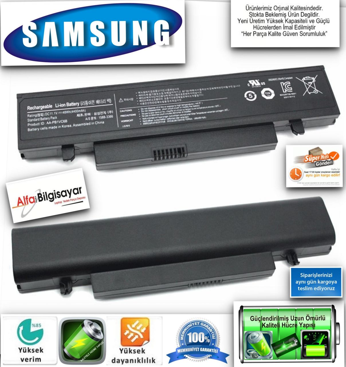 Samsung AA-PB1VC6B AA-PB1VC6W AA-PL1VC6B AA-PL1VC6W AA-PL1VC6  AA-PL1VC6B  AA-PL1VC6W NP-N210 N210P NP-N218 NP-N218P NP-N220 NB30 Q330 X320 X420 X520 X418  Batarya Pil A++ 1.Kalite