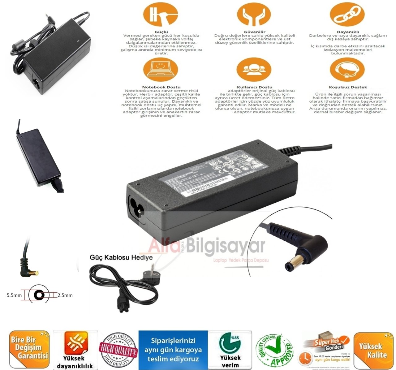 Toshiba Asus Casper Beko Arçelik Crea Datron  Muadil A+++ 19V-4.74A, 5.5.2.5 90W Notebook Adaptörü, Laptop Adaptörü