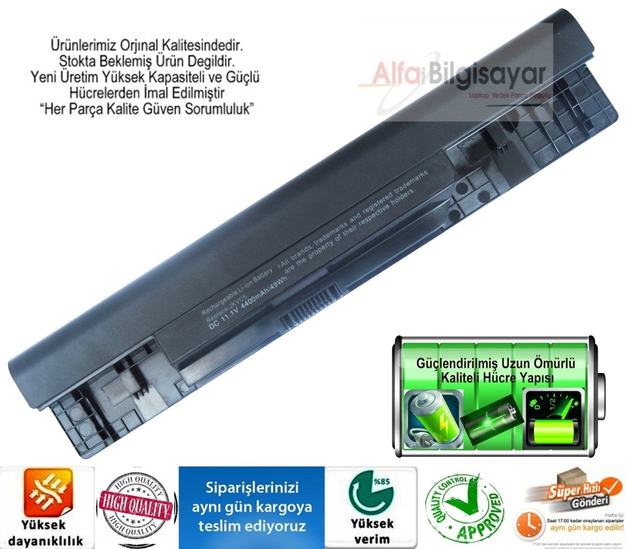 Dell inspiron 1464 1564 1764 JKVC5 FH4HR P07E P08F P09G NKDWV  K456N, NKDWV, TRJDK, 0FH4HR, 0JKVC5, 0NKDWV, 0TRJDK, 5YRYV, 9JJGJ, 312-1021, Dell Inspiron 1464, 1564, 1764 Batarya, Pil