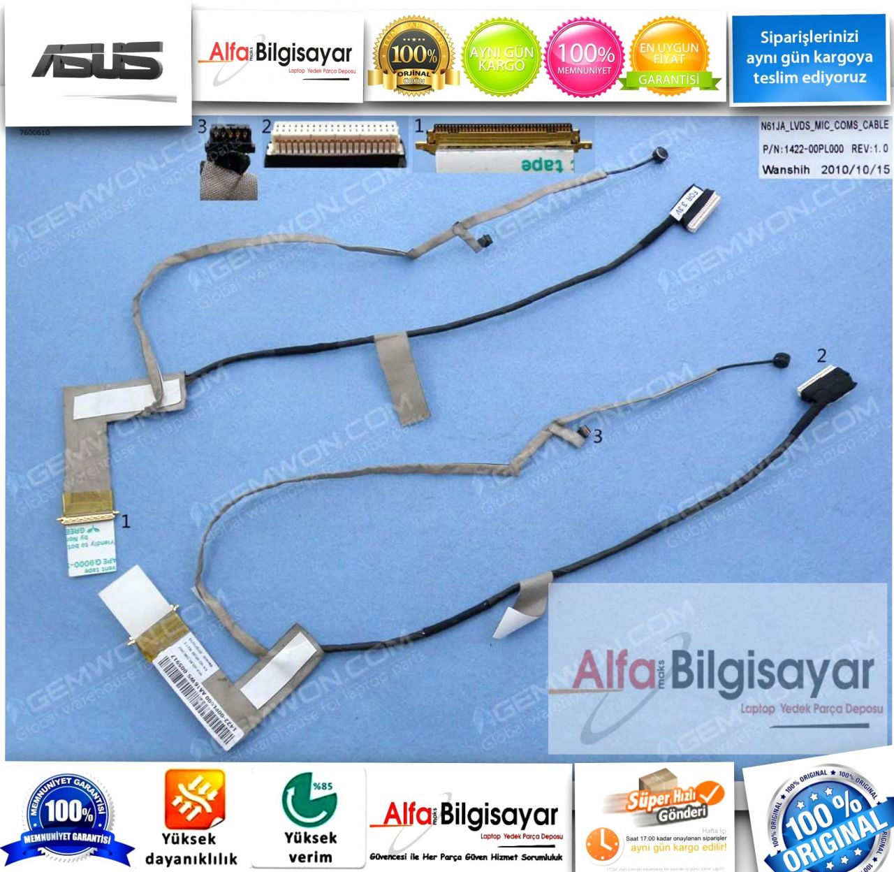 ASUS  N61 N61VG N61VF N61V N61VN N61VF N61JV N61JQ N61JA N61J N61VJ N61JV N61W  Kablo Part no: 1422-00PK0AS Lcd Led Data Kablo