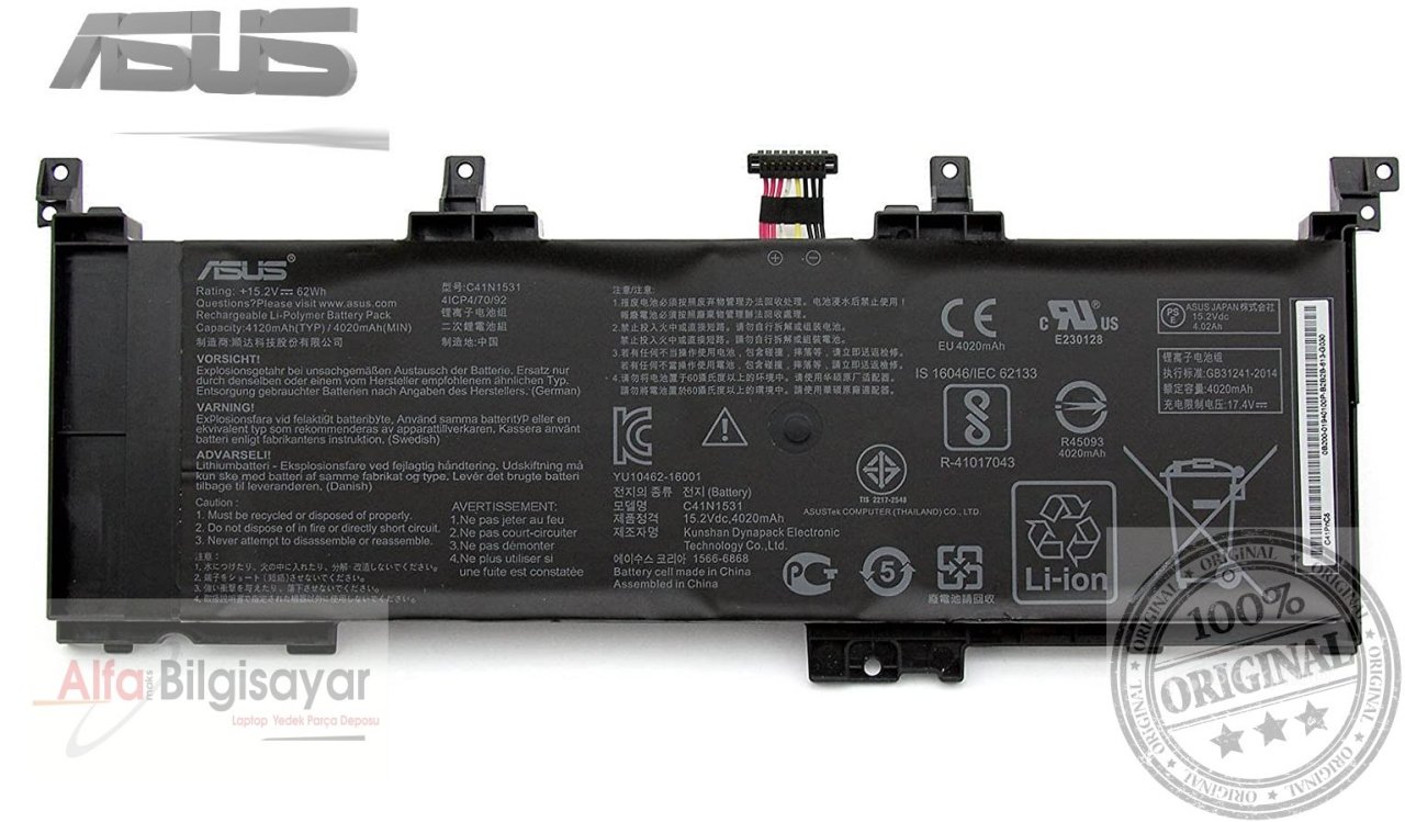 Asus Republic Of Gamers ROG Strix G502V G502VS G502VSK G502VY GL502VE GL502 GL502VT GL502V GL502VS GL502VSK GL502VY FX502 FX502V FX502VS FX502VY orjinal Batarya Pil C41N1531 0B200-01940100