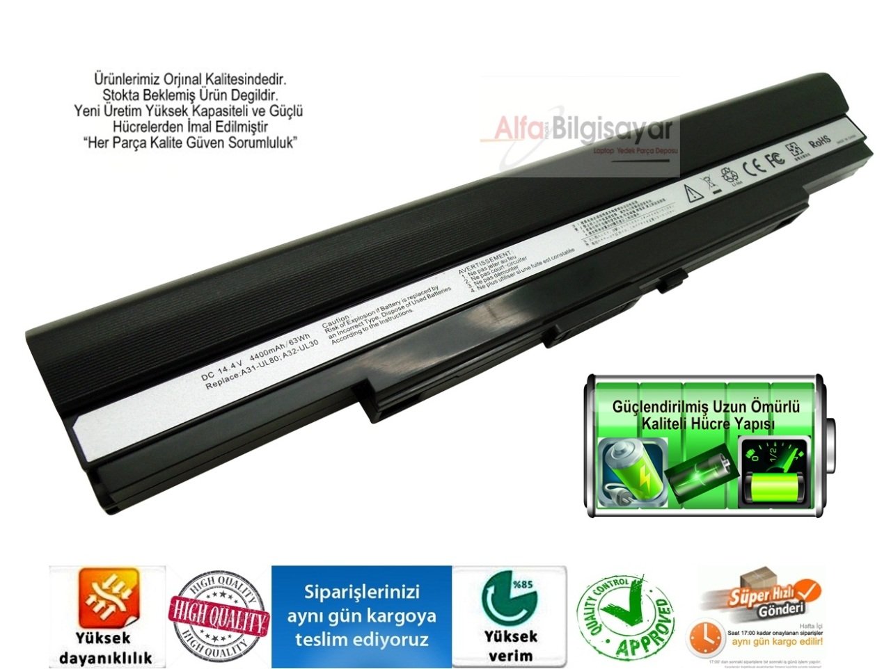 Asus PL30, UL30, UL50, PL50, UL80, U30, U40, U45, PRO32, PRO5G Laptop Pil  Batarya kodu A31-UL30, A31-UL50, A31-UL80, A41-UL30, A41-UL50, A42-UL50, A42-UL80 olan ve Asus PL30, UL30, UL50, PL50, UL80, U30, U40, U45, PRO32, PRO5G  notebook modellerine uyuml