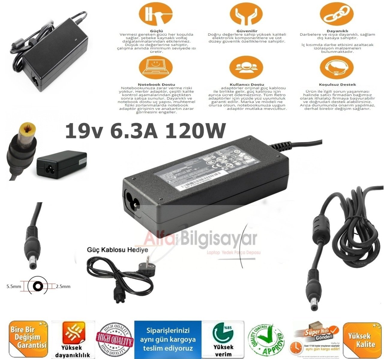 Asus, Msi Toshiba Casper Lenovo Liteon 19V-6.3A, 5.5.2.5 120W Notebook Adaptörü, Laptop Adaptörü