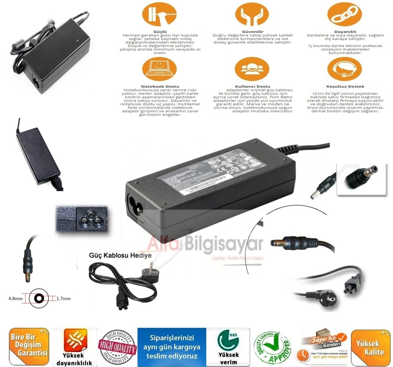 Hp Bullet Çivi Uç Pavilion Compaq   4.8 x 1.7 mm - Siyah uç (bullet)  90W  Notebook Adaptörü, Laptop Adaptörü c700 Dv1000 Dv2000 Dv4000 Dv5000 Dv6000 Dv9000 V6000 C700 V6500