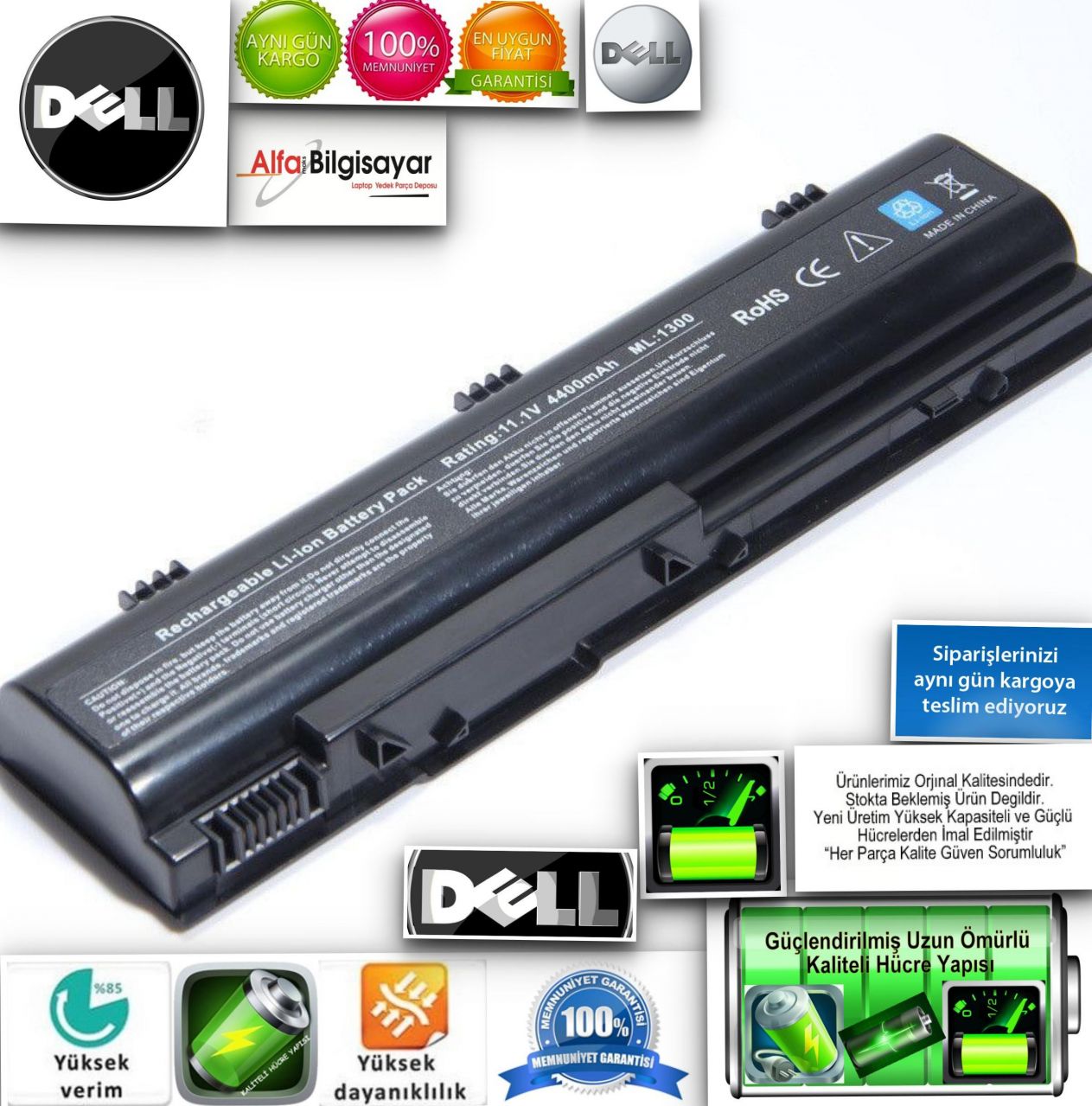 Dell  Inspiron 1300, pp21l B120, B130, Latitude 120L, HD438, KD186, TD611, UD532, YD120, XD186, XD187, WD414, 312-0366, 312-0416,  Laptop Batarya Battery