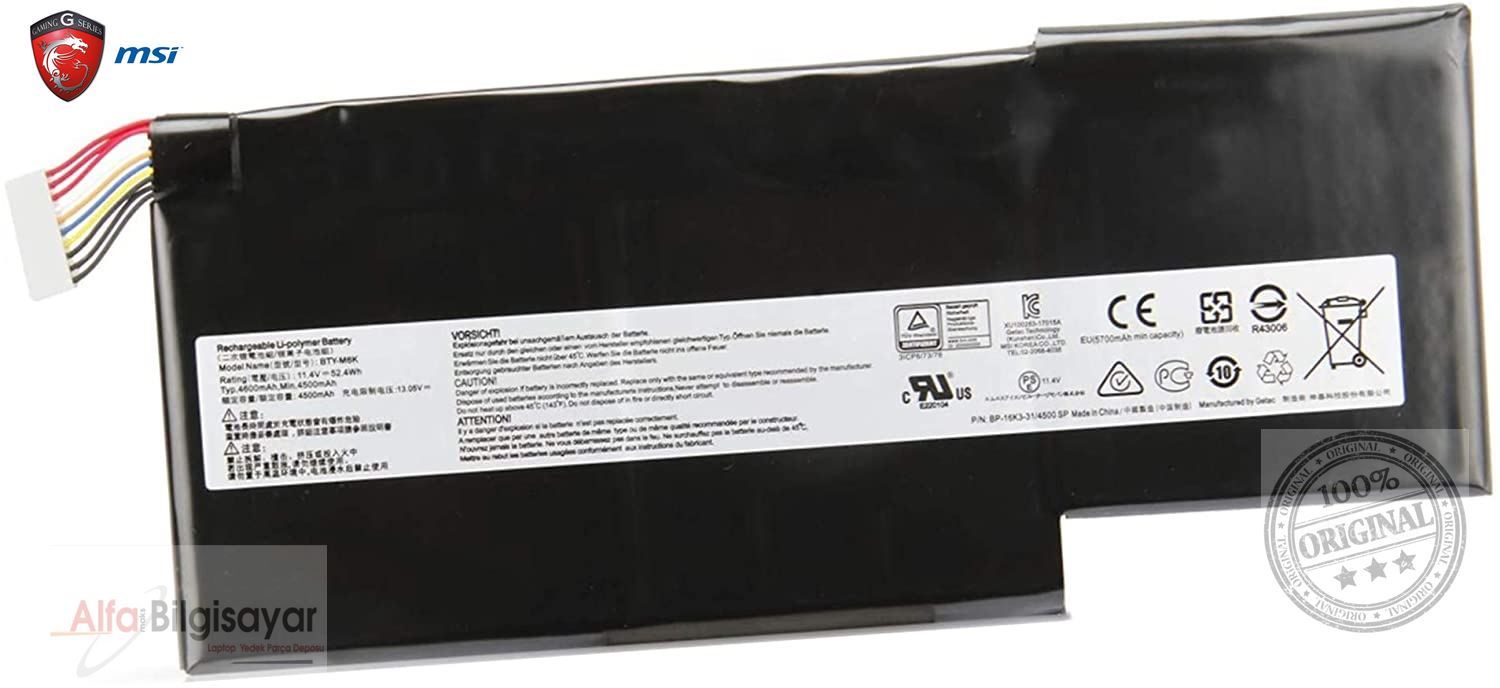 Orjinal Msi Stealth Pro BTY-M6K WF65 WF75 BTY-M6J BTY-U6J GS63 GS63VR GS73VR GS73 GF63 GF73 WS65 MS-17B4 MS-17F1 MS-16R1 MS-17B7 MS-17B3 MS-17F3 MS-17F4 MS-16R3 GF75  gf63, GF75, gs63, ms-16k3 Batarya Pil GF75 GF65 MS-17F2 MS-16R1 MS-16W1 MS-17B4