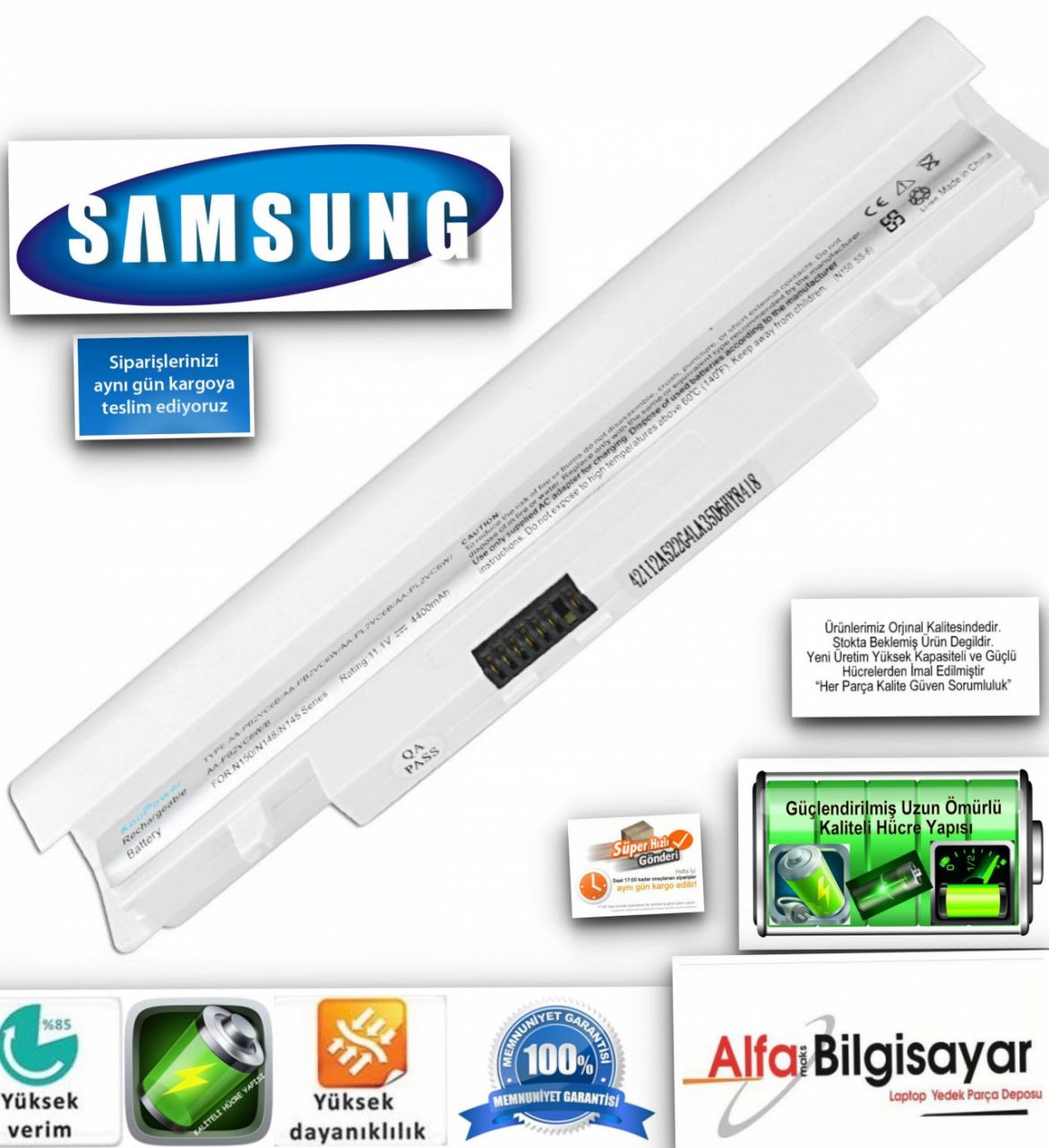 Samsung beyaz N150 N148 AA-PB2VC3B, AA-PB2VC6B, AA-PB3VC3B, AA-PL2VC6B/E, AA-PL2VC6W olan ve Samsung N100, N150, N250, N350, NP-N100SP, NP-N150, NP-N260, NP-N350 Batarya Pil