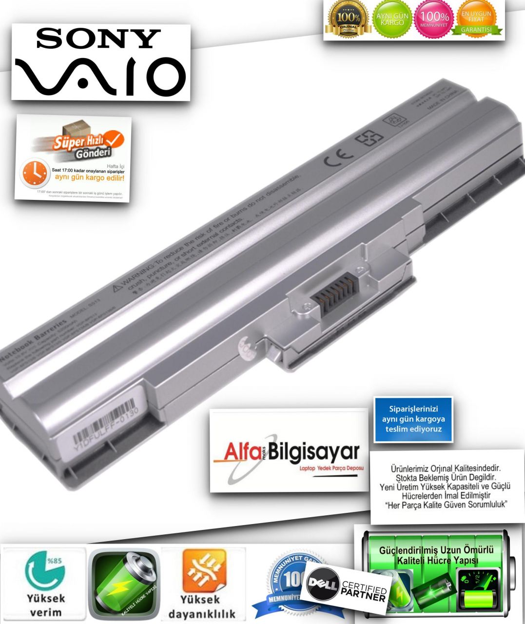 Sony Silver Gümüş renk Bps13/s  VGP-BPL13, VGP-BPS13, VGP-BPS13A/B, VGP-BPS13B/S, Sony Vaio VGN-AW, VGN-CS, VGN-FW, VGN-NS, VGN-NW, VGN-SR, VGN-TX Batarya  VGP-BPL13, VGP-BPS13, VGP-BPS13B,