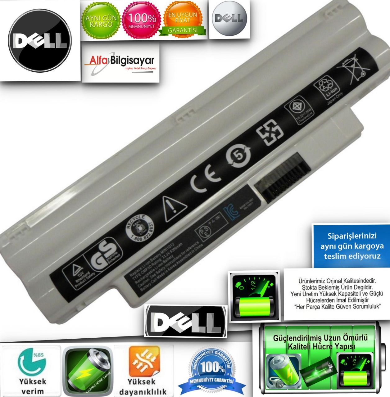 Dell Mini Beyaz Inspiron 1012 1018 P04T001 1012v 1012n iM1012 Batarya Pil