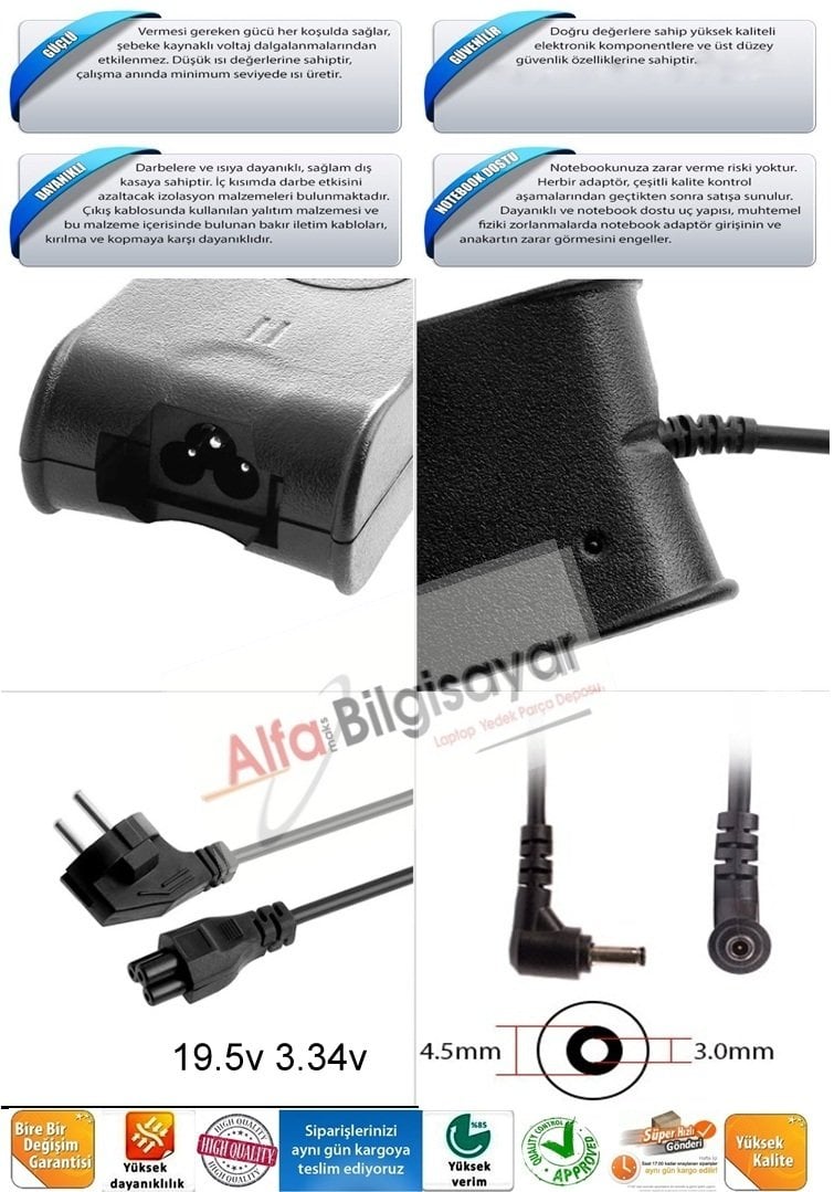 Dell 19.5v 3.34A 65w Ultrabook  Adaptörü Şarj Cihazı 4.5 x3.0mm ince uç 0MGJN9 65w 4.5MM X 3.0MM DA45NM140, DA65NM111-00, HA65NS5-00, HK45NM140, Adaptör Şarj Cihazı 3RG0T, GM456, 0JT9DM, JT9DM, 43NY4, 4H6NV,5K74V, TJ76K, 5NW44, 70VTC, 74VT4, G6J41,