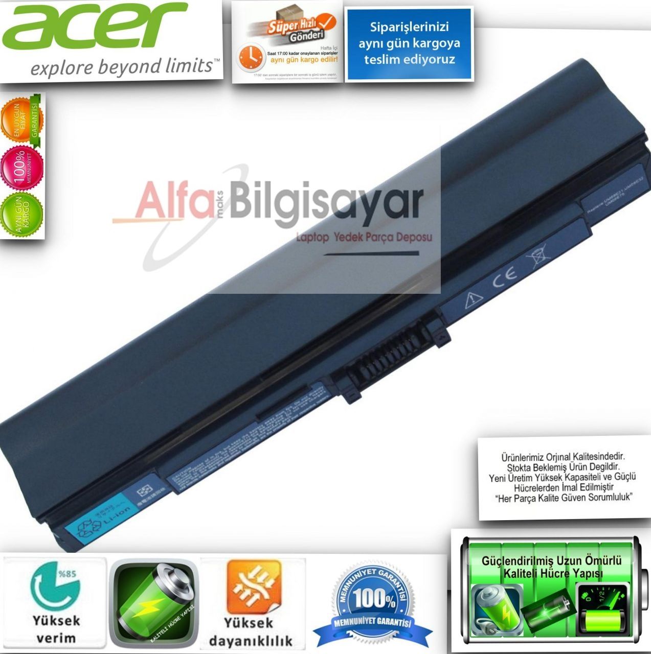 Acer UM09E31, UM09E32, UM09E36, UM09E51, UM09E56, UM09E70, UM09E71, UM09E75, UM09E78, Acer 1810T Batarya, Aspire One 521H Pil, AO521 AO752 1410T 1810TZ 1810T ZH6 ZH7 ZH9 Ferrari One 200 Pil