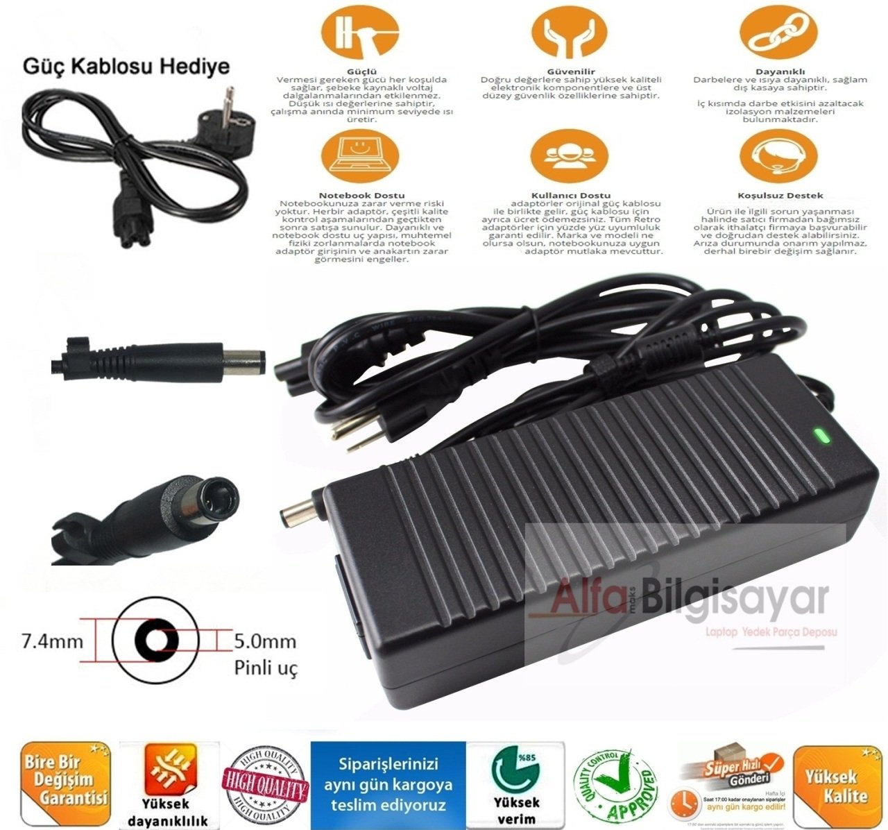 Hp Casper Excalibur 19.5v 9.23a 7.4x5.0mm 180w geniş iğne uç   Adaptör Şarj Cihazı