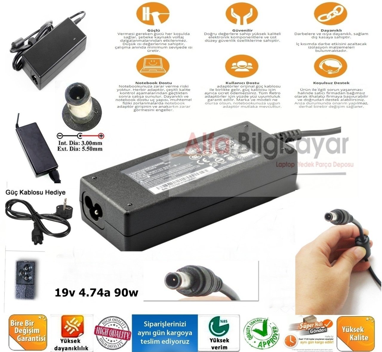 Samsung  5.5mm*3.0mm 19V,4.74A(19V*4.74A=90W)  İgne Uç Notebook Adaptörü, Laptop Adaptörü