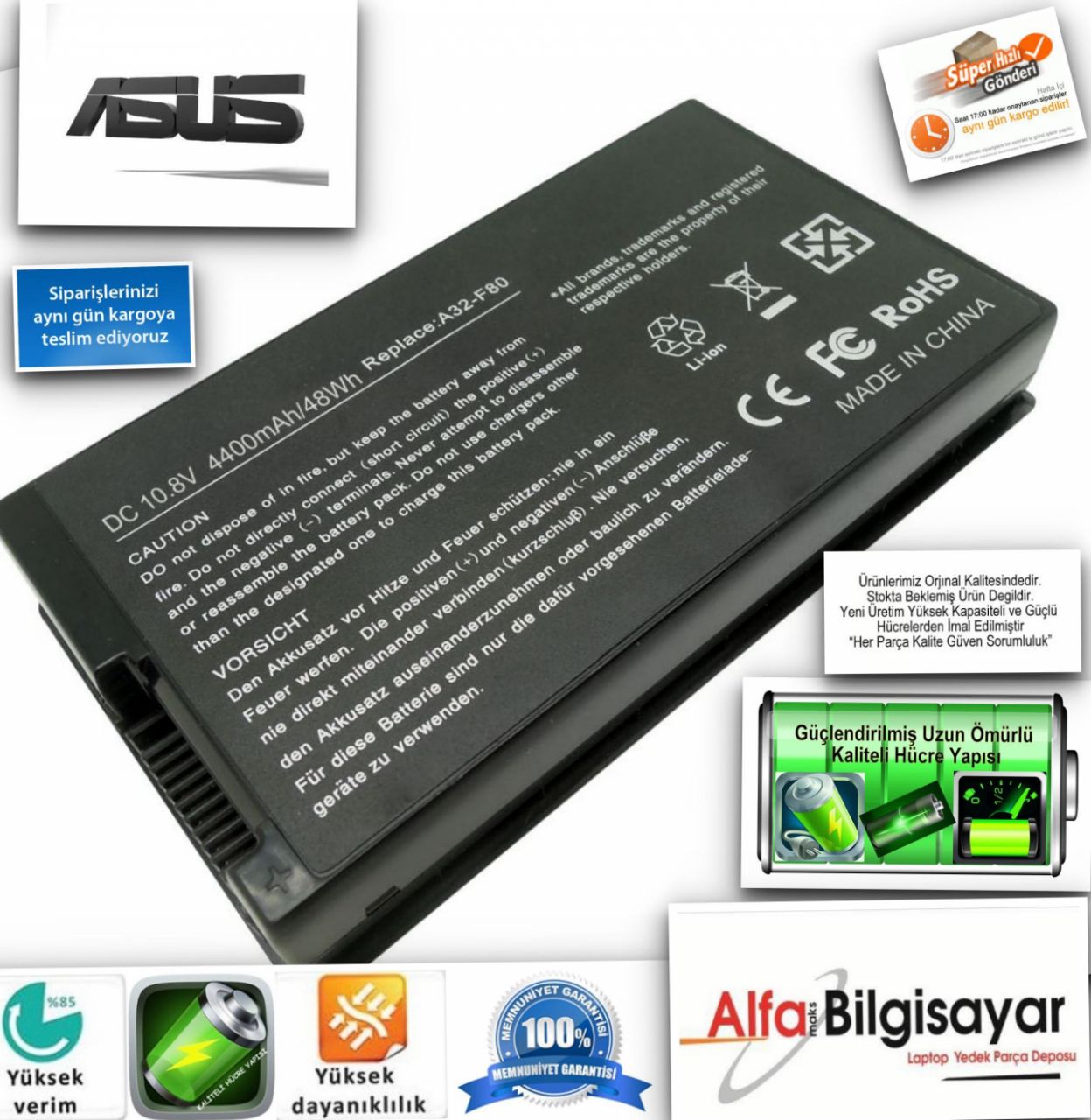 Asus A23-A8, A32-A8, A42-A8, A42-Z99, 70-NF51B1000, 90-NNN1B1000Y A8, A8000, F8, N80, N80V, N81, N81V, X80, X81, X81SR, Z99 Batarya Pil