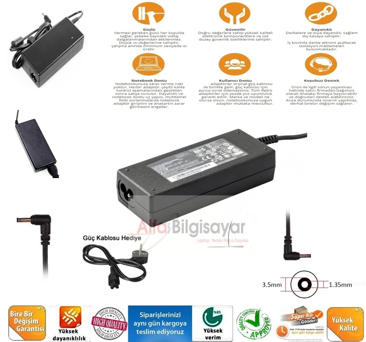 19v. 3.42a 65w  3.5 x 1.35 mm, 3.5x1.35mm WNAD.EA-C16 (65W) Casper Nirvana CGA, C16 Ultrabook Serisi, i-Life Zed Air CX3 CX5 CX7, Hometech Alfa 550i, Alfa 590s Adaptör Şarj Cihazı