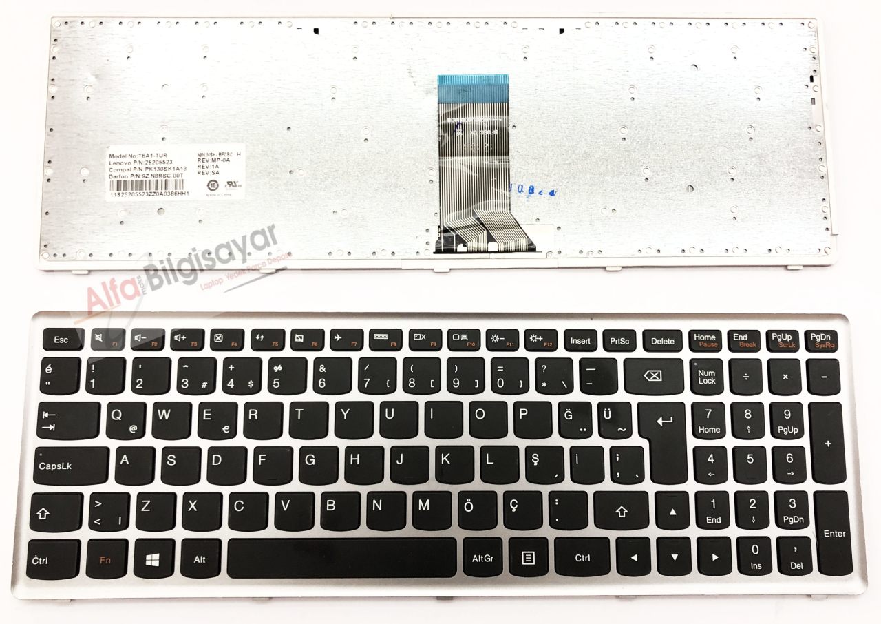 Lenovo ideapad U510, 20191, z710 model 20250, NSK-BF0SC, T6A1-TUR, T6B1 25205523, PK130SK1A13 9Z.N8RSC.00T, MP-0A türkçe Klavye Tuş Takımı