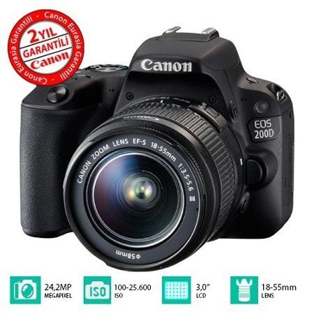 Canon EOS 200D 18-55mm Siyah Renk IS STM DSLR Fotoğraf Makinesi