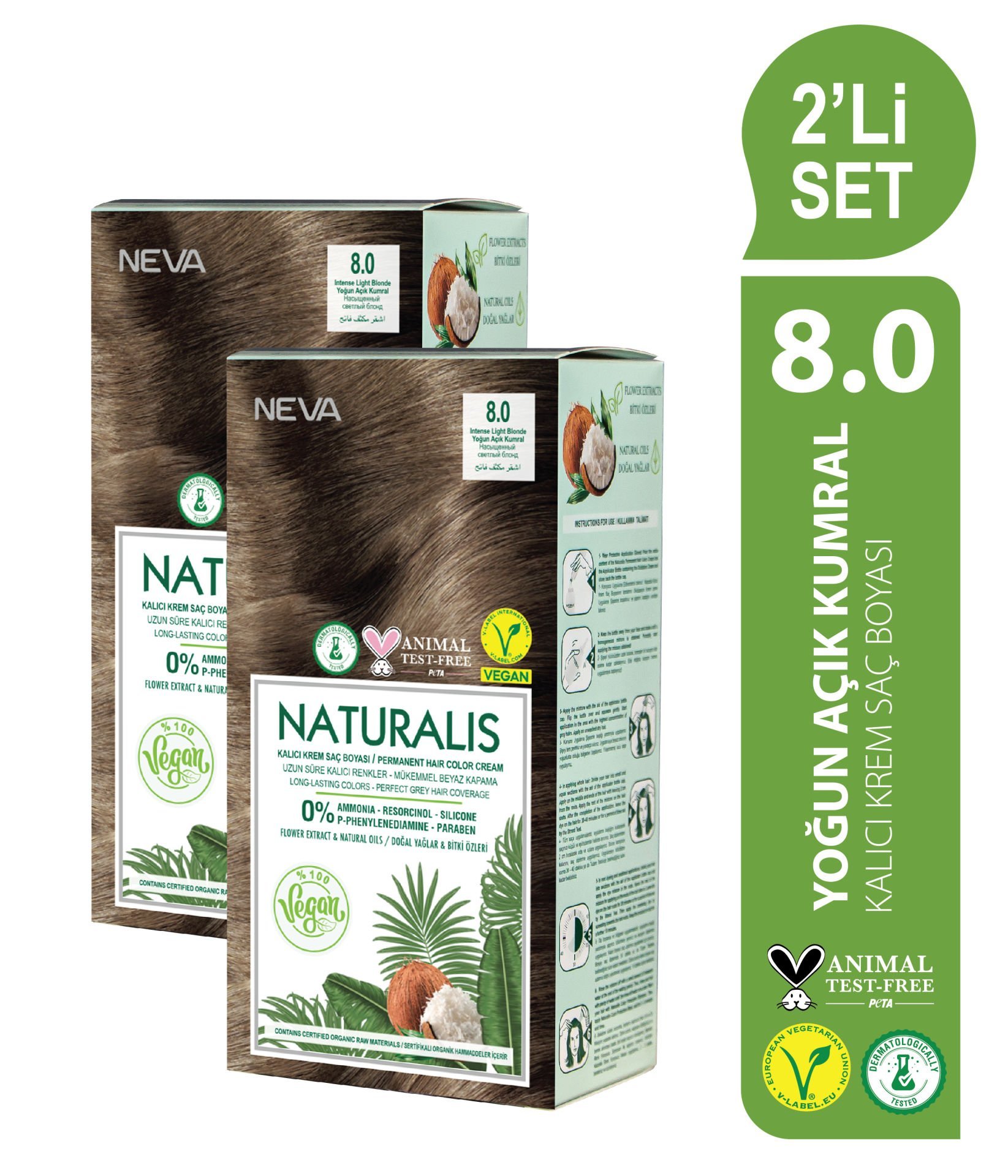 NATURALIS (vegan) 2'Lİ SET  8.0 YOĞUN AÇIK KUMRAL Kalıcı Krem Saç Boyası Seti