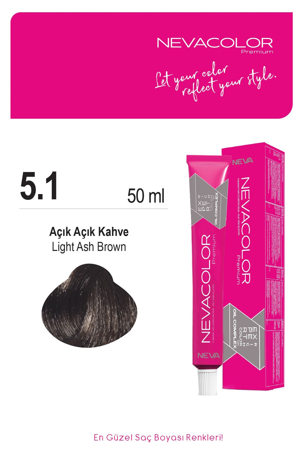 Nevacolor Premium 5.1 Küllü Açık Kahve - Kalıcı Krem Saç Boyası 50 g Tüp
