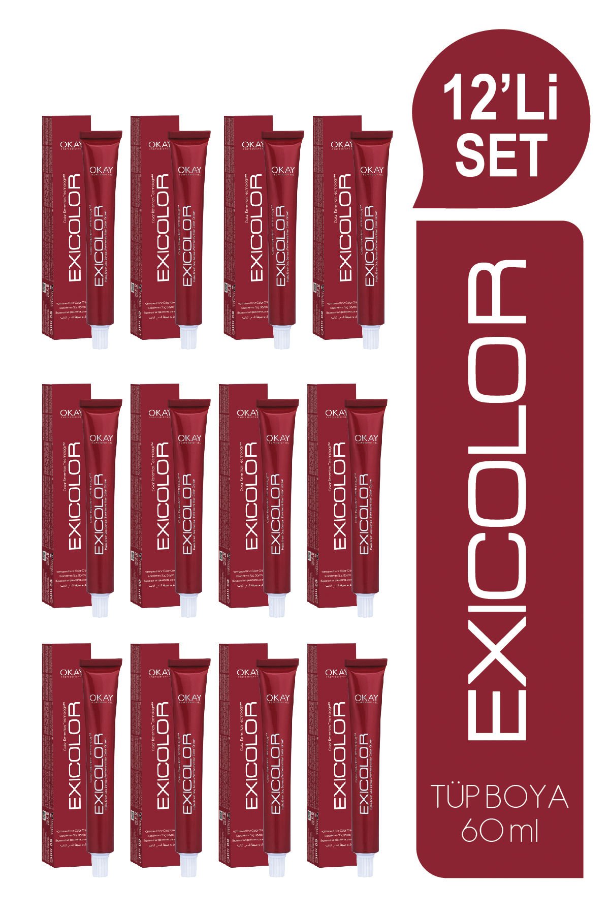 EXICOLOR 12'Lİ SET 1 SİYAH Kalıcı Krem Saç Boyası (60ml x 12 adet)