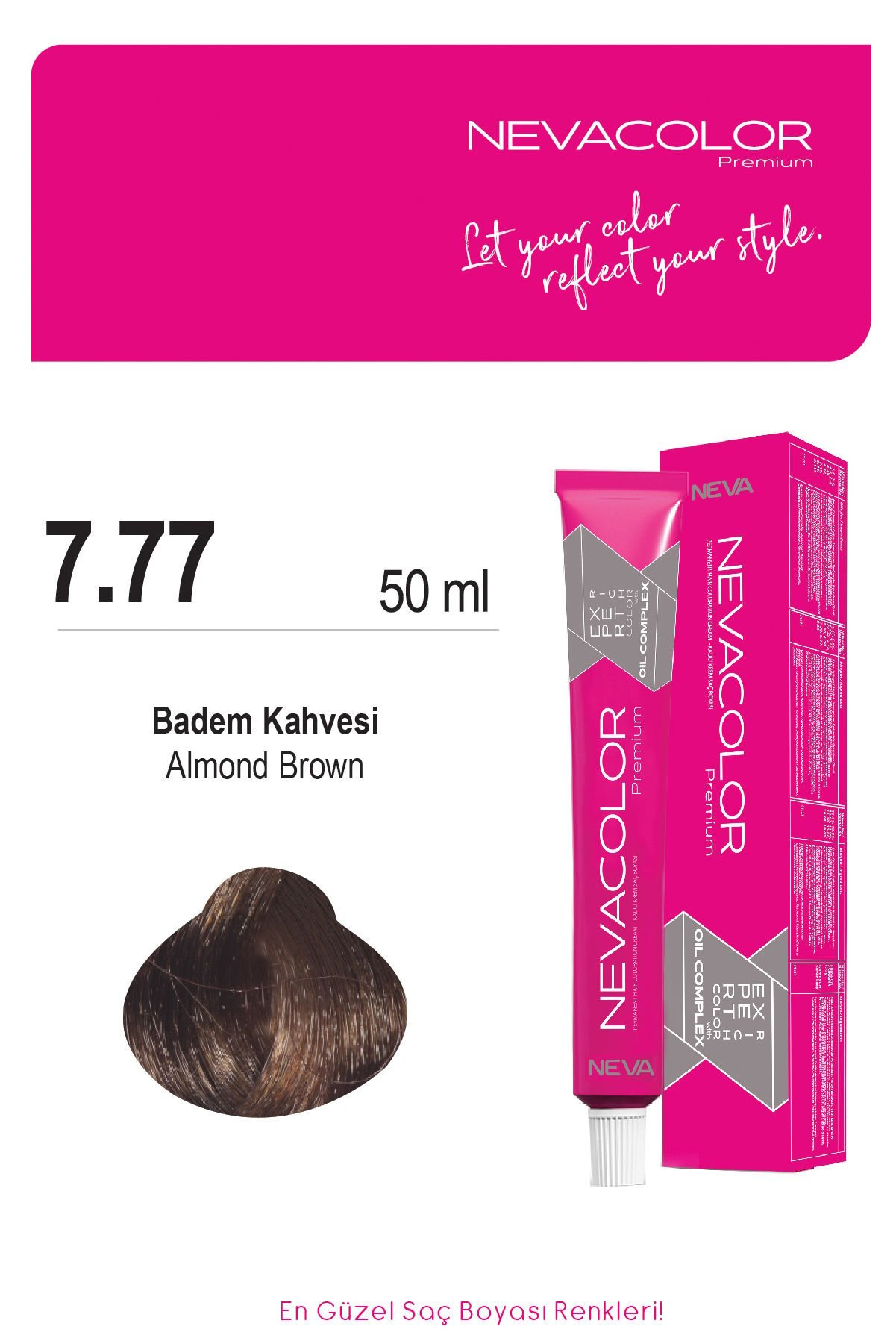 Nevacolor Premium 7.77 Badem Kahvesi - Kalıcı Krem Saç Boyası 50 g Tüp