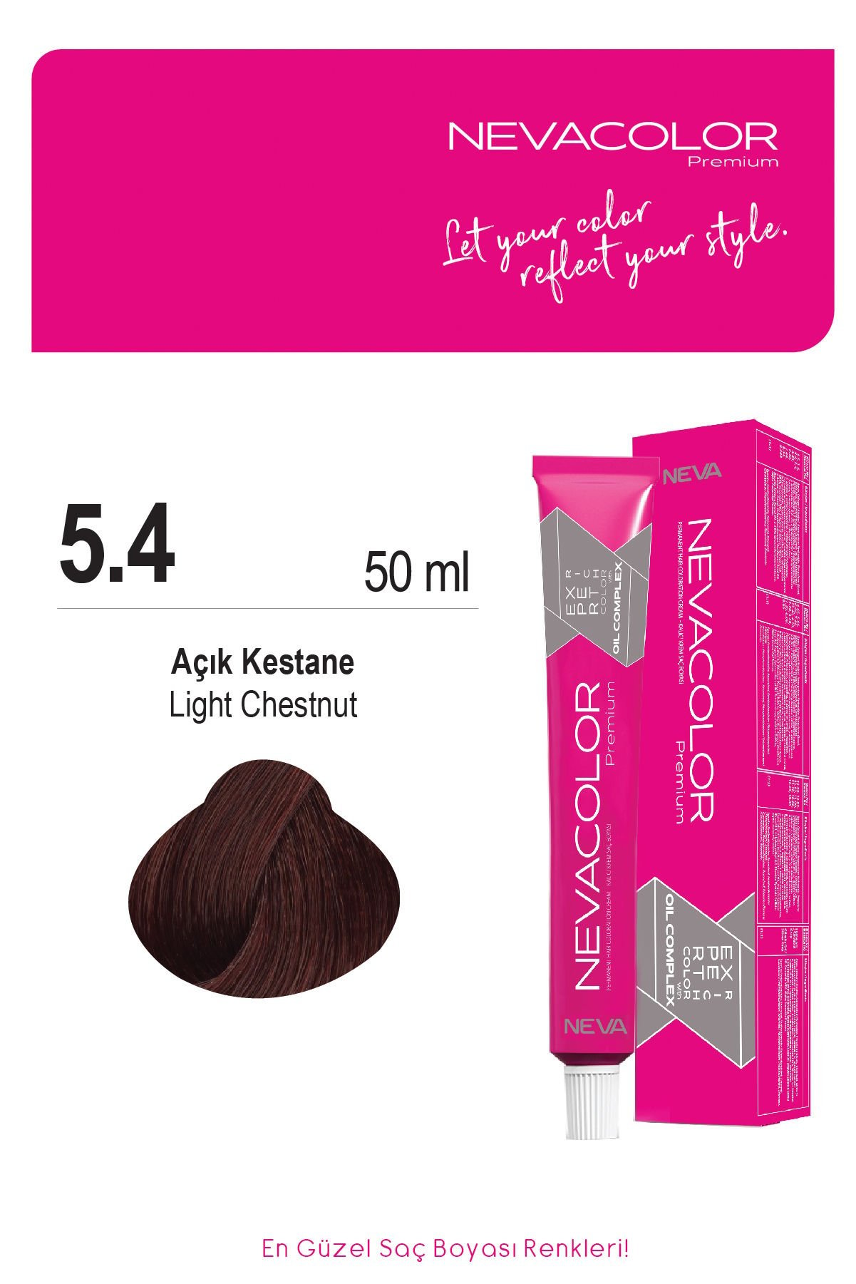 Nevacolor Premium 5.4 Açık Kestane - Kalıcı Krem Saç Boyası 50 g Tüp