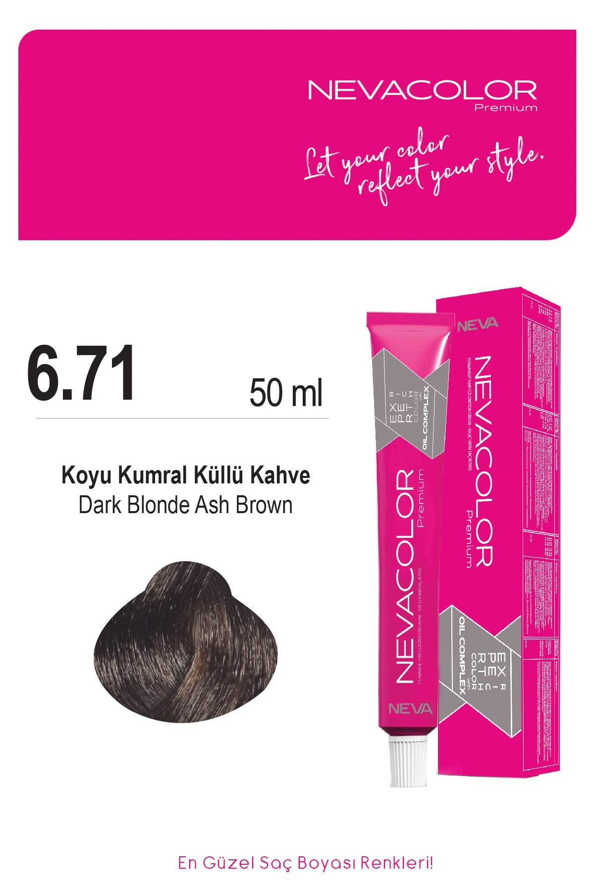Nevacolor Premium 6.71 Koyu Kumral Küllü Kahve - Kalıcı Krem Saç Boyası 50 g Tüp