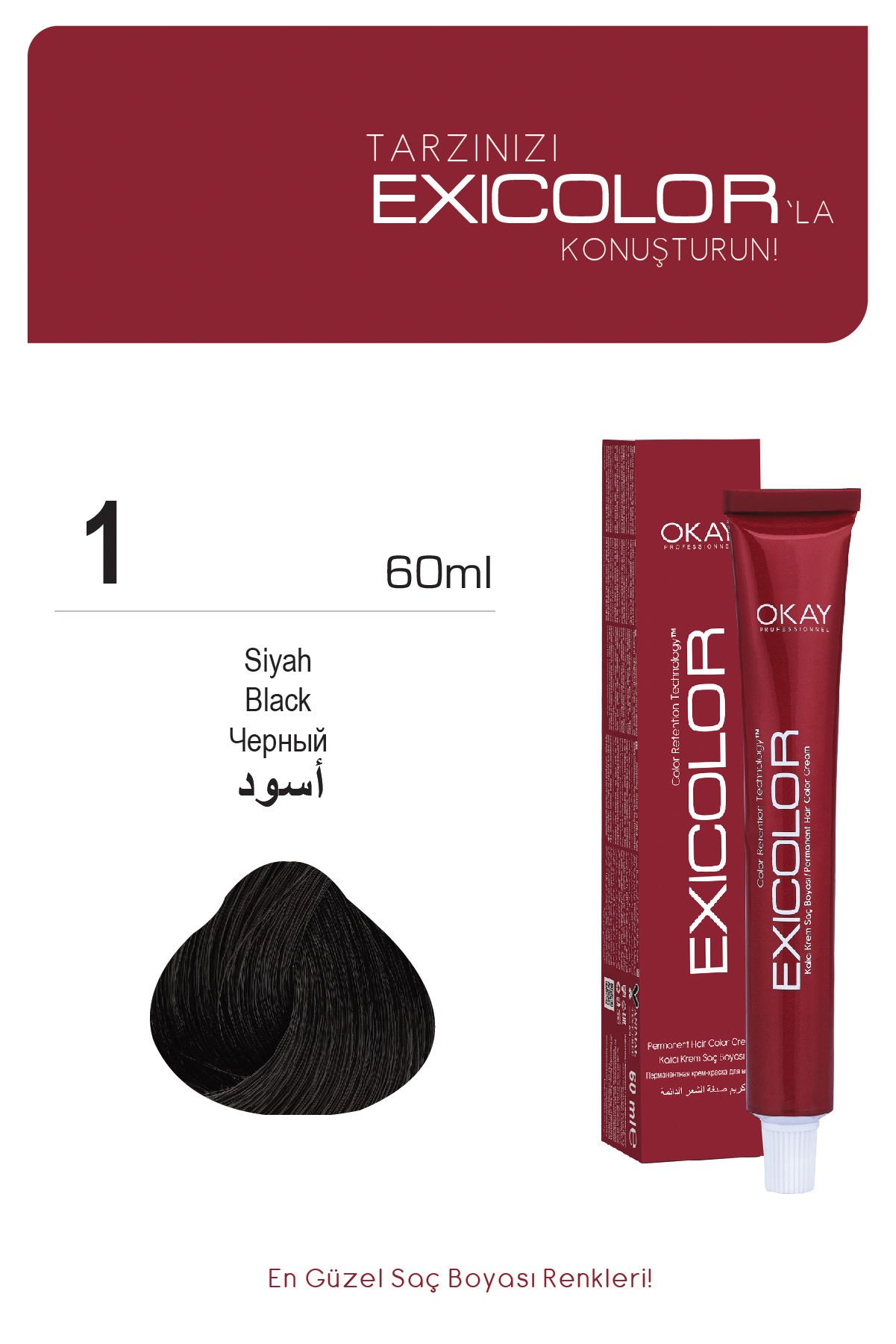 Exicolor 1. Siyah - Kalıcı Krem Saç Boyası 60 ml Tüp