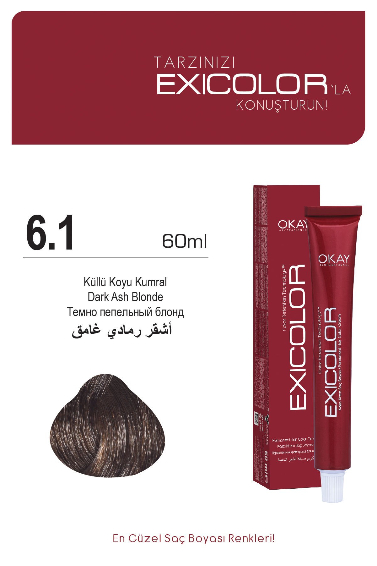 Exicolor 6.1 Küllü Koyu Kumral - Kalıcı Krem Saç Boyası 60 ml Tüp