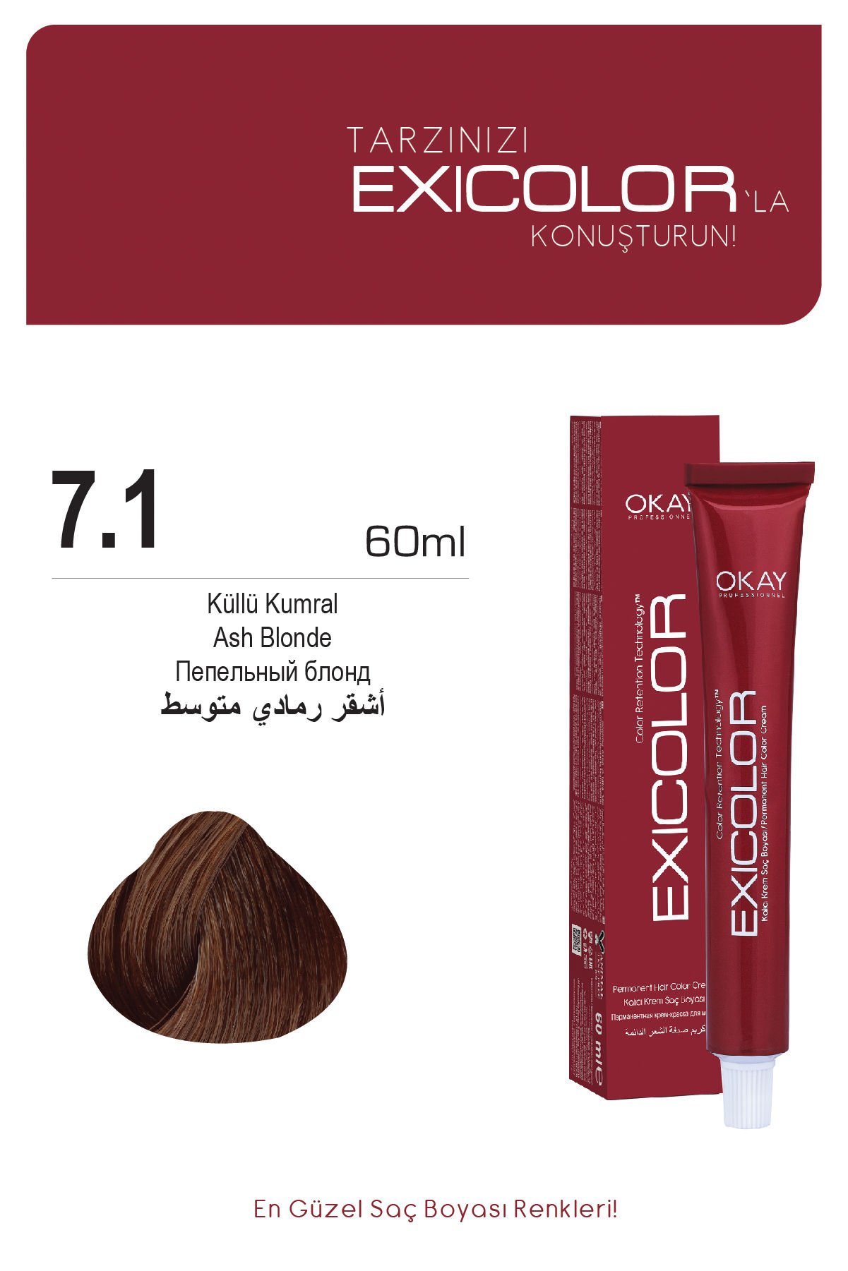 Exicolor 7.1 Küllü Kumral - Kalıcı Krem Saç Boyası 60 ml Tüp