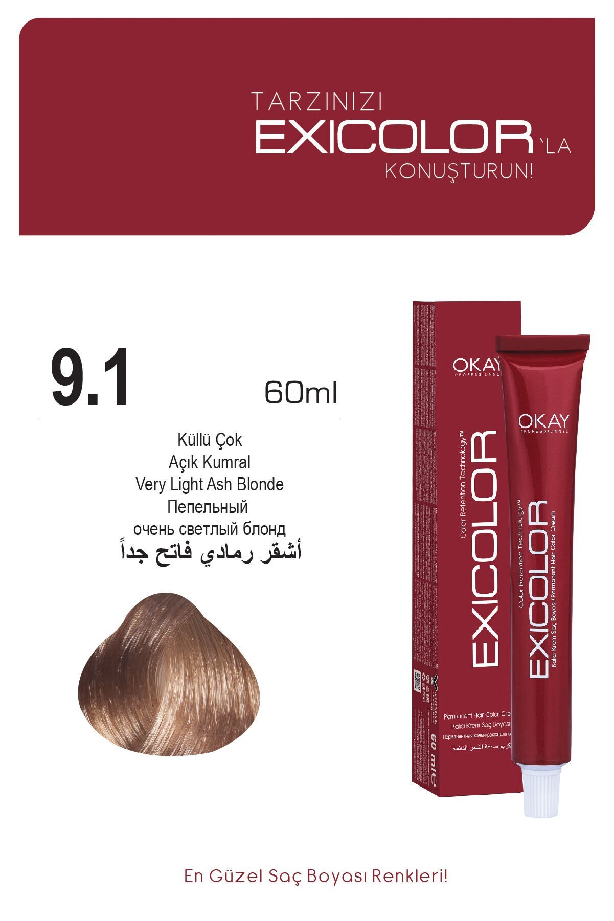 Exicolor 9.1 Küllü Çok Açık Kumral - Kalıcı Krem Saç Boyası 60 ml Tüp
