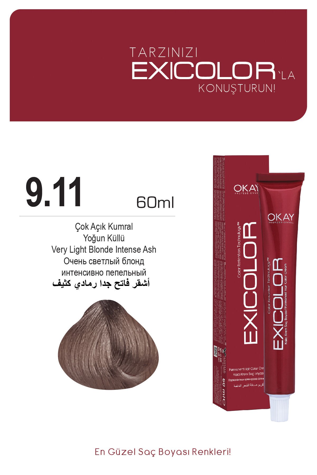 Exicolor 9.11 Çok Açık Kumral Yoğun Küllü - Kalıcı Krem Saç Boyası 60 ml Tüp