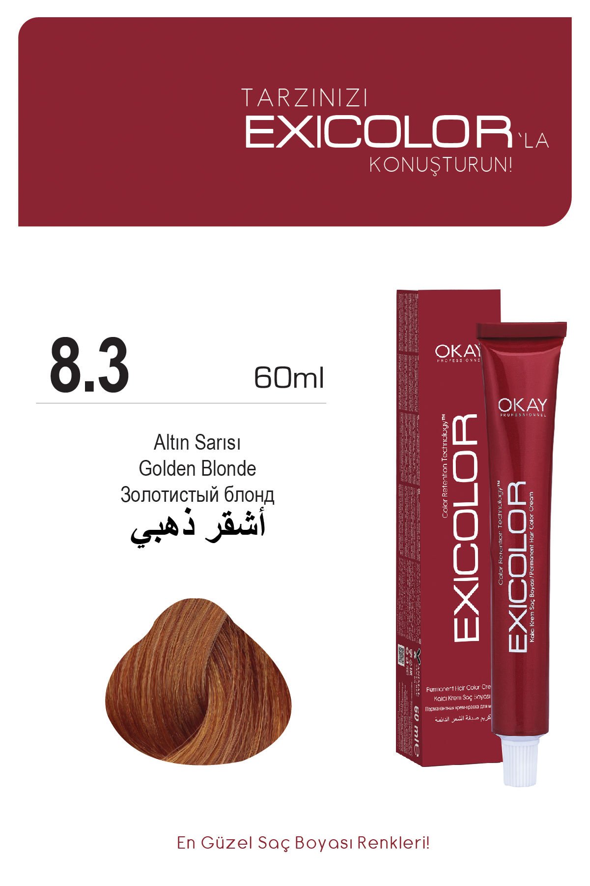Exicolor 8.3 Altın Sarısı - Kalıcı Krem Saç Boyası 60 ml Tüp