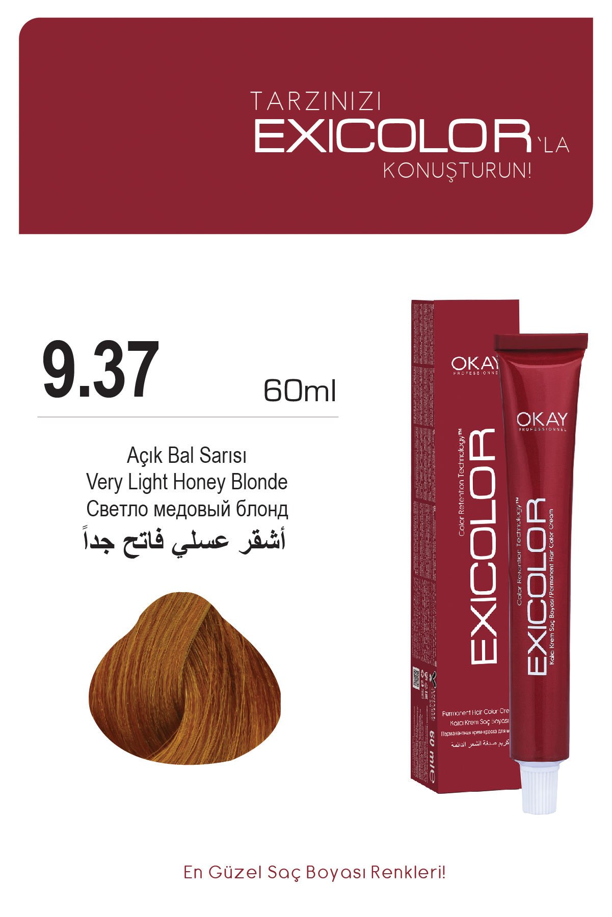 Exicolor 9.37 Açık Bal Sarısı - Kalıcı Krem Saç Boyası 60 ml Tüp