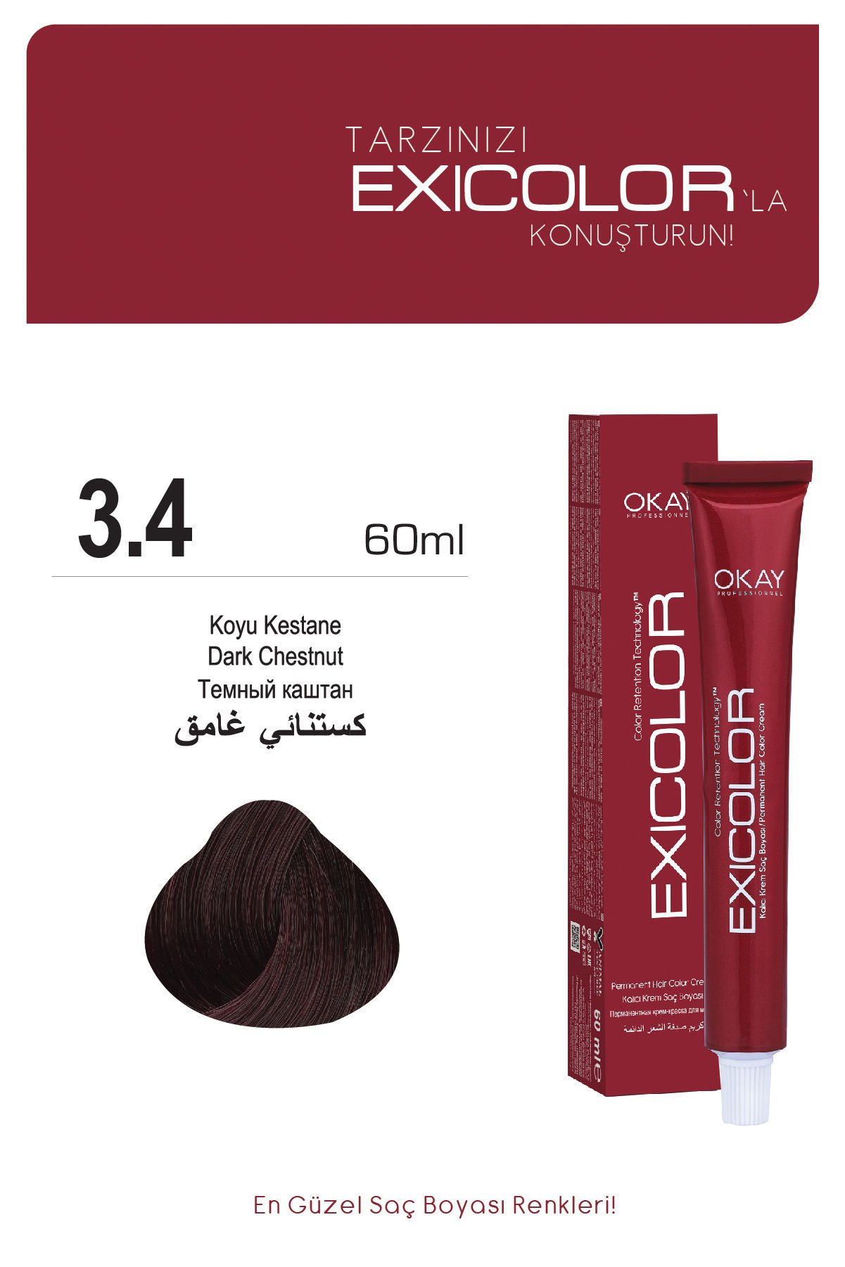 Exicolor 3.4 Koyu Kestane - Kalıcı Krem Saç Boyası 60 ml Tüp