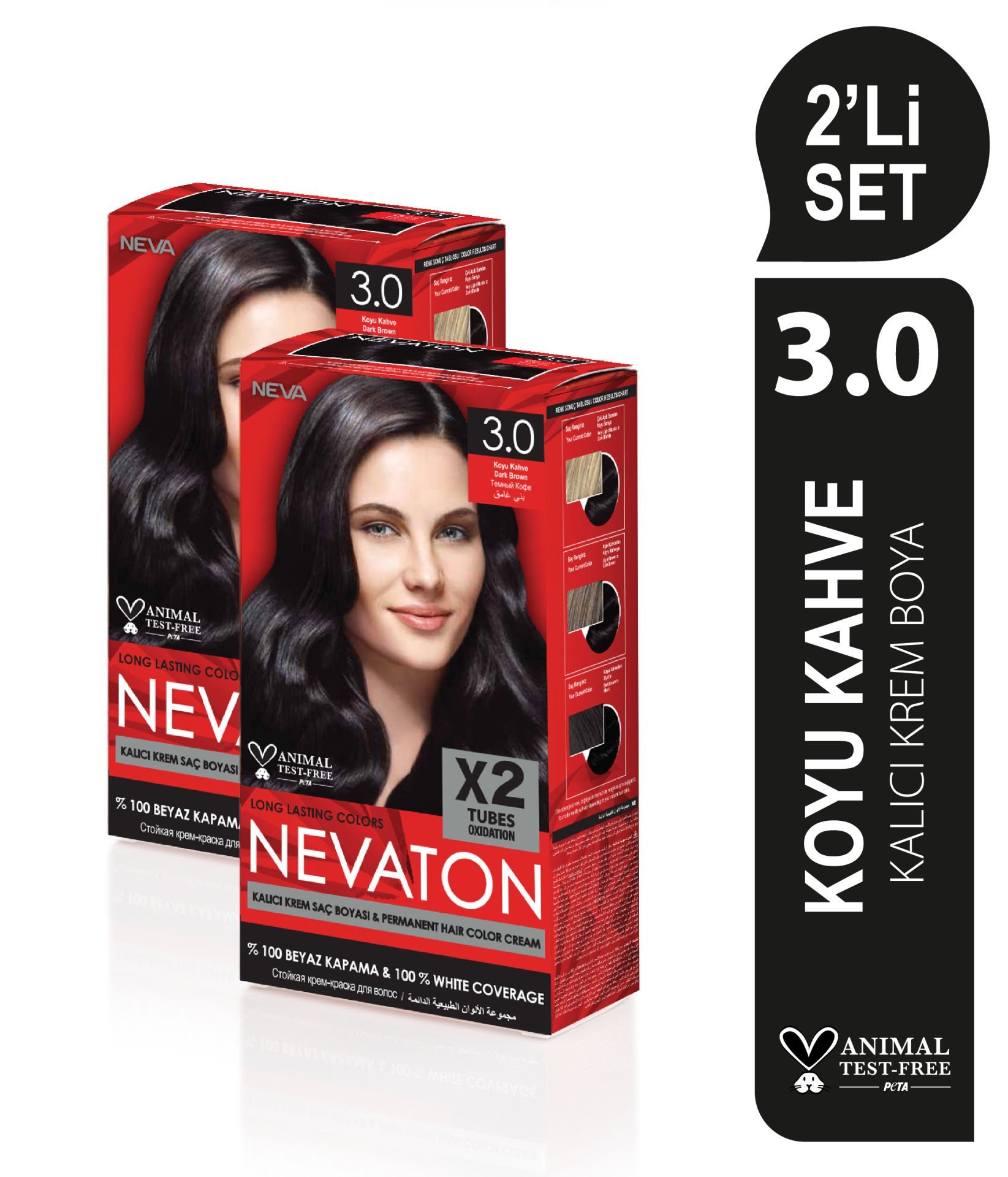 NEVATON 2 x 2'Lİ SET 3.0  KOYU KAHVE Kalıcı Krem Saç Boyası Seti (4 boya + 4 oksidan)