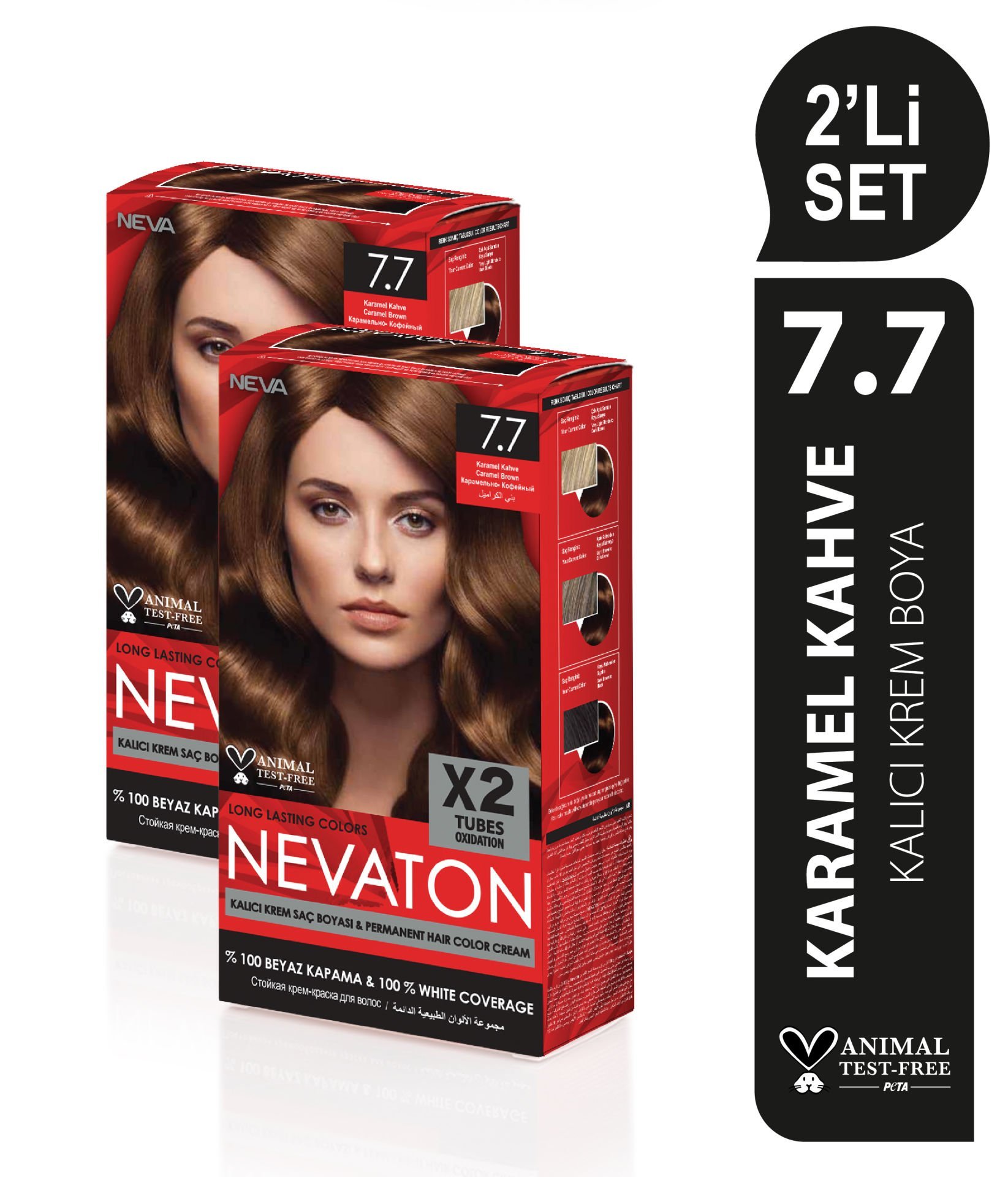 NEVATON 2 x 2'Lİ SET 7.7 KARAMEL KAHVE Kalıcı Krem Saç Boyası Seti (4 boya + 4 oksidan)