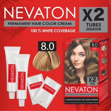 NEVATON 2 x 2'Lİ SET 8.0  AÇIK KUMRAL Kalıcı Krem Saç Boyası Seti (4 boya + 4 oksidan)