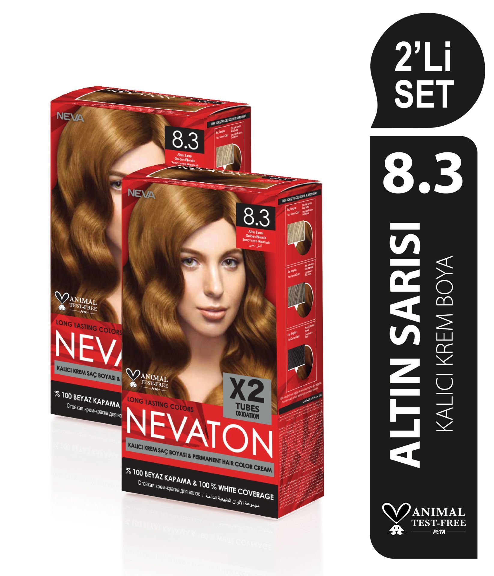 NEVATON 2 x 2'Lİ SET 8.3 ALTIN SARISI Kalıcı Krem Saç Boyası Seti (4 boya + 4 oksidan)