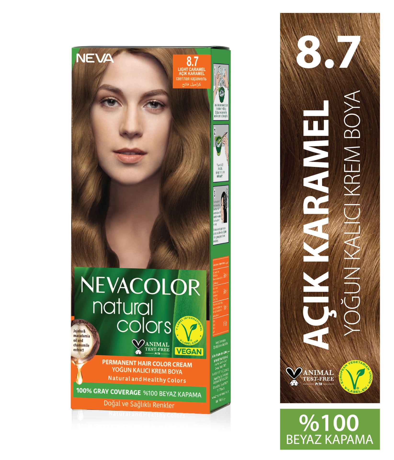 Nevacolor Natural Colors 8.7 Açık Karamel - Kalıcı Krem Saç Boyası Seti