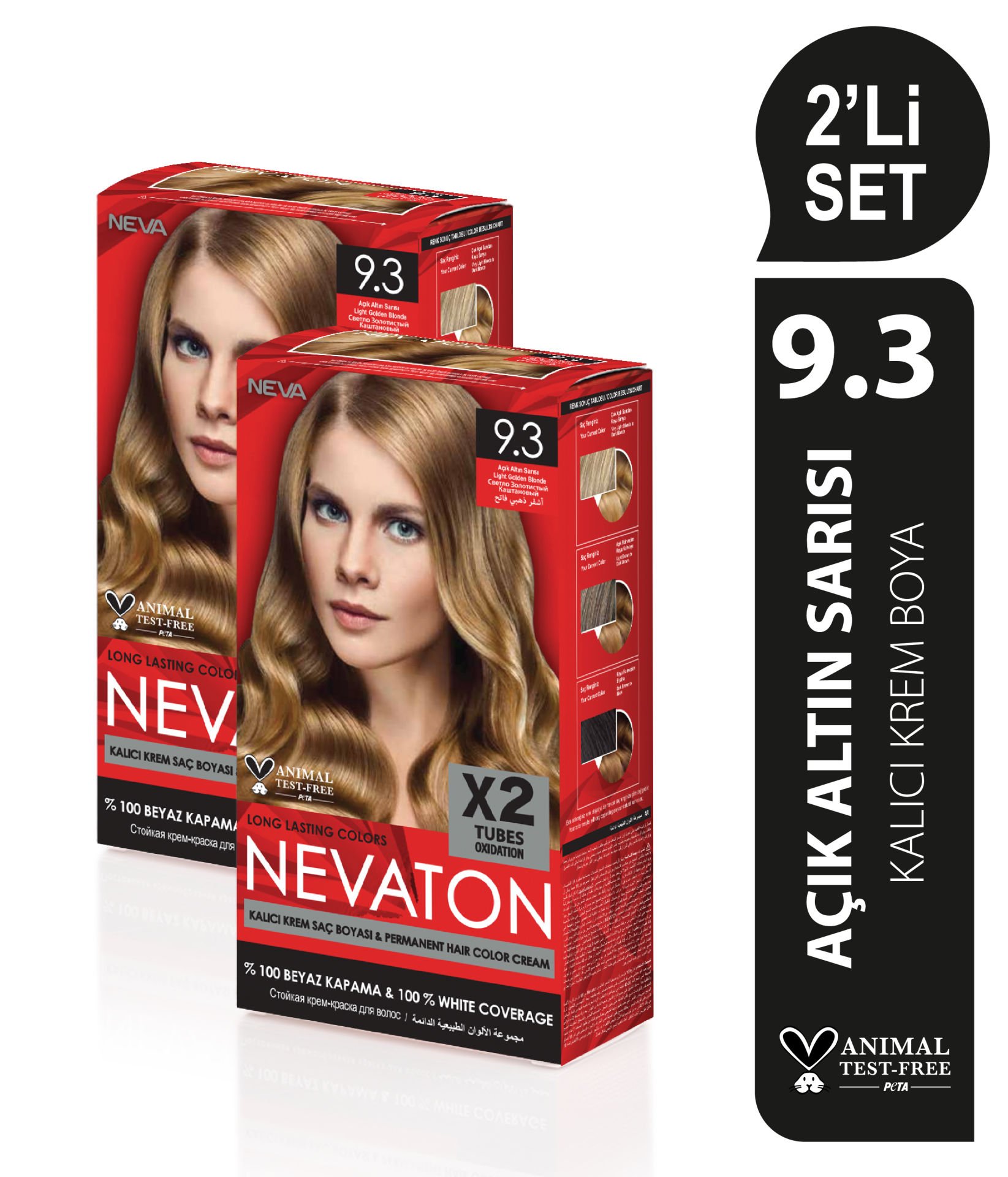 NEVATON 2 x 2'Lİ SET 9.3 AÇIK ALTIN SARISI Kalıcı Krem Saç Boyası Seti (4 boya + 4 oksidan)